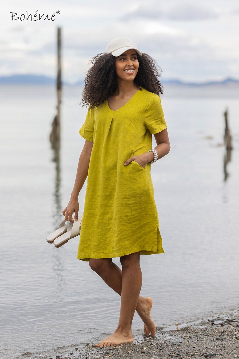 Boheme Kjole M/Kort Arm i Lin Limegreen
