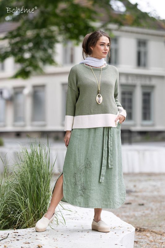 Boheme Genser Bomullsmix 2 Farget Shadow Green/Offwhite